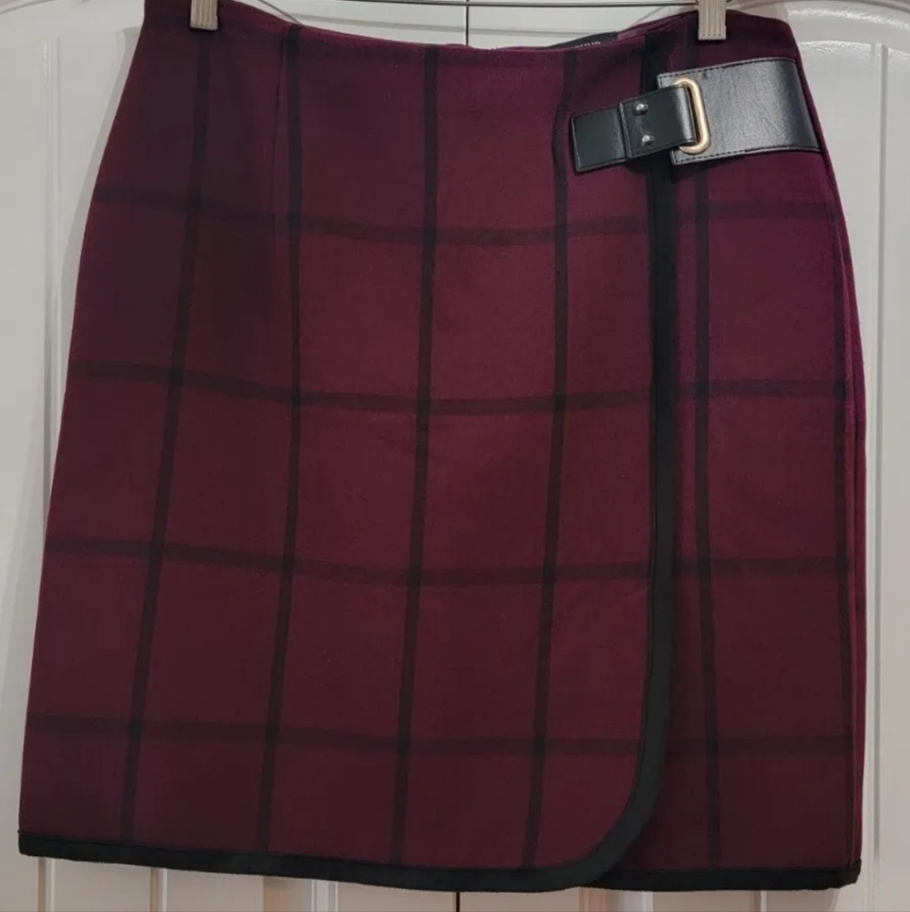 Ivanka Trump Skirt Cranberry & Black Plaid faux wrap skirt. Size 10